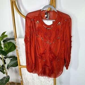 Carolina Herrera Orange Red Beaded Top sz 14